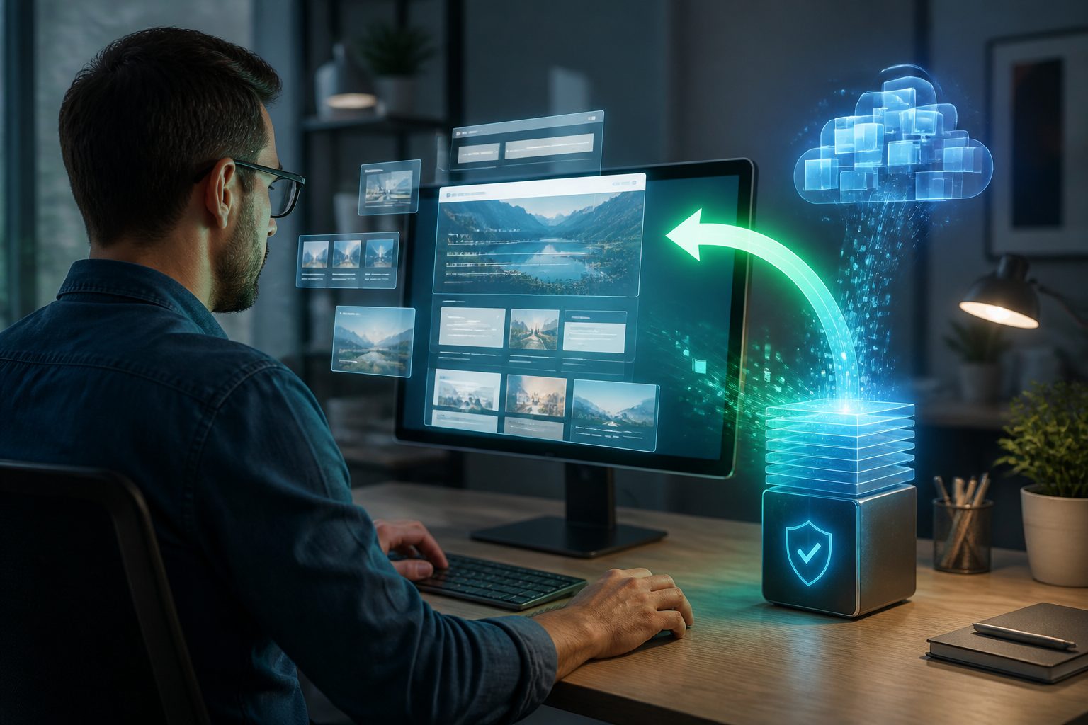 WordPress backup restore dashboard with files and database icons